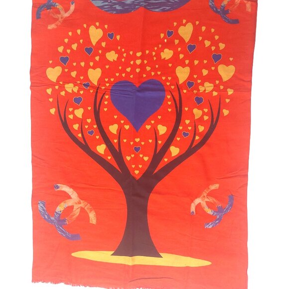 Vintage Chanel Multi-Color Red Tree Hearts Print Blanket Scarf Scarves Wrap - Picture 3 of 8